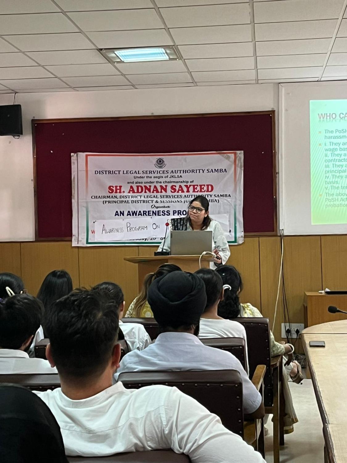 Legal aid clinic of Dogra Law college in collaboration with District legal services authority, samba organised an awareness programme on POSH ACT 2013 on 3/06/2024.